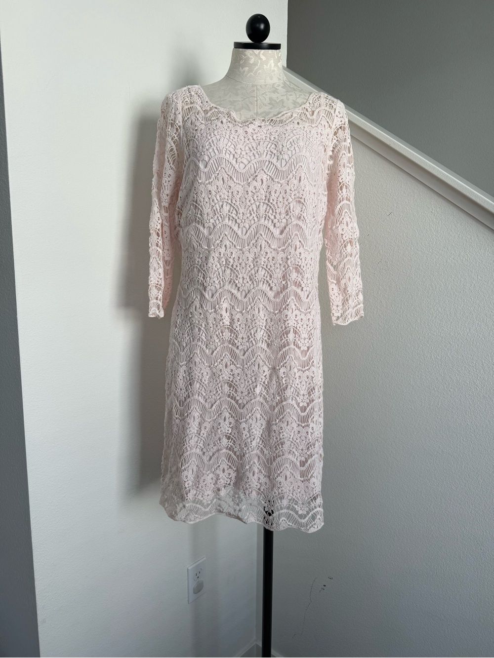 NWT Lauren Ralph Lauren Dress pale pink lace Crochet dress 3/4 Sleeves large
